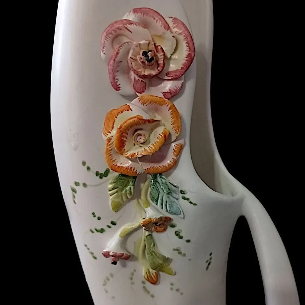 Vtg Applied Flowers Porcelain Vase Pitcher Abstract Handpainted Art Deco Nouveau